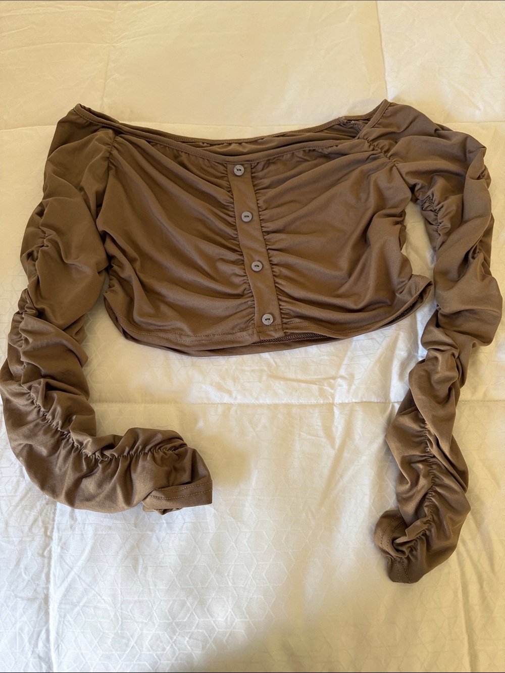 SHEIN Brown Ruched Off-Shoulder Button Crop Top